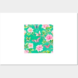 Preppy pink and green chinoiserie with peonies and butterflies Posters and Art